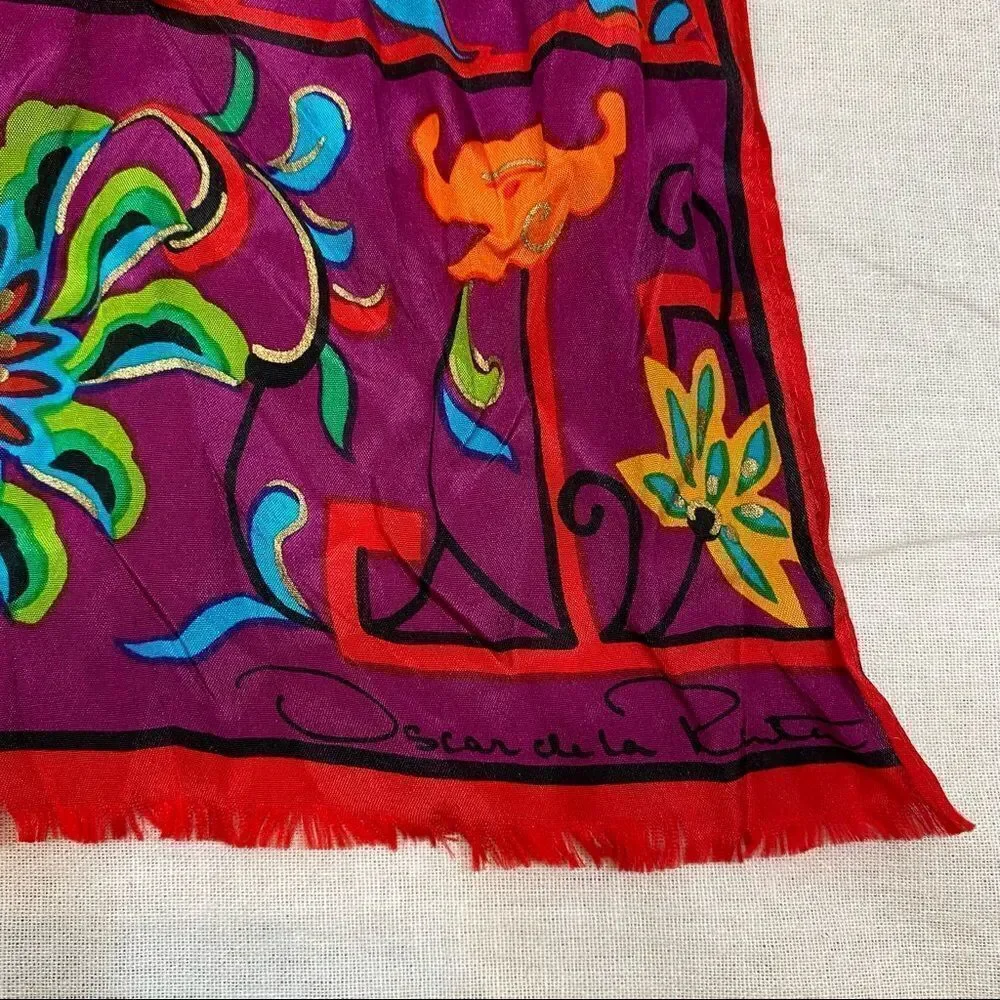 Brand New With Tags Vintage Oscar‎ de la Renta Vibrant Silk Scarf   11”x53”